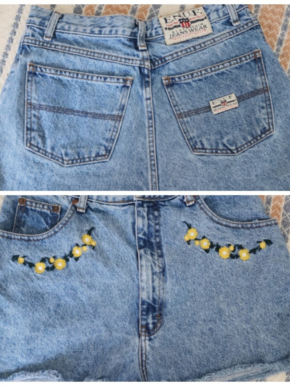 VTG 90s E.N.U.F. Internationale Embroidered Floral Denim Shorts Raw Hem